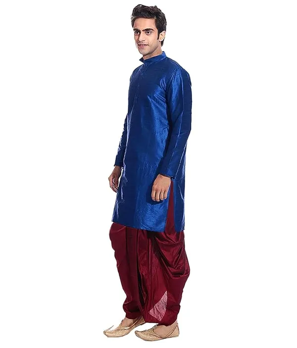 Royal_Blue_Dupion_Silk_Readymade_Dhoti_Kurta_Set_For_Men