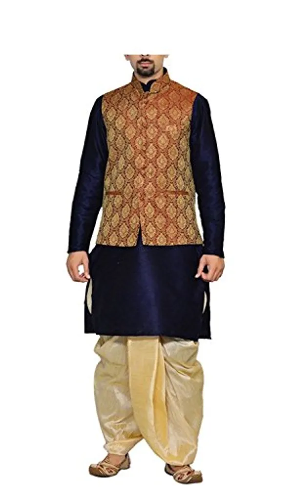 Navy_Blue_&_Golden_Kurta_Dhoti_With_Waistcoat_Jacket_For_Men