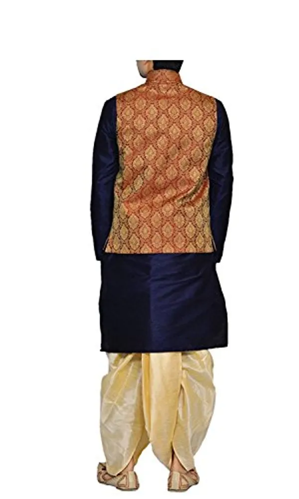 Navy_Blue_&_Golden_Kurta_Dhoti_With_Waistcoat_Jacket_For_Men