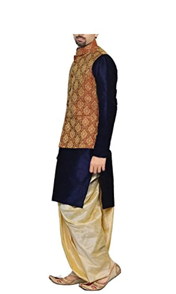 Navy_Blue_&_Golden_Kurta_Dhoti_With_Waistcoat_Jacket_For_Men