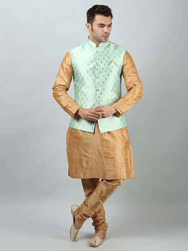 Khaki_&_Mint_Green_Silk_Blend_Kurta_Pajama_With_Designer_Ethnic_Nehru_Jacket_For_Men