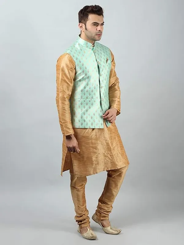 Khaki_&_Mint_Green_Silk_Blend_Kurta_Pajama_With_Designer_Ethnic_Nehru_Jacket_For_Men