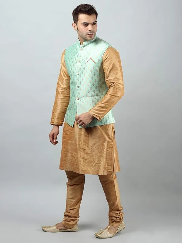 Khaki_&_Mint_Green_Silk_Blend_Kurta_Pajama_With_Designer_Ethnic_Nehru_Jacket_For_Men