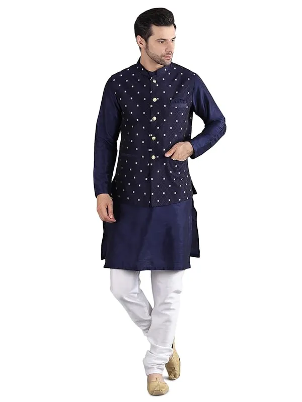 White_&_Blue_Silk_Blend_Kurta_Pajama_With_Designer_Ethnic_Nehru_Jacket_For_Men