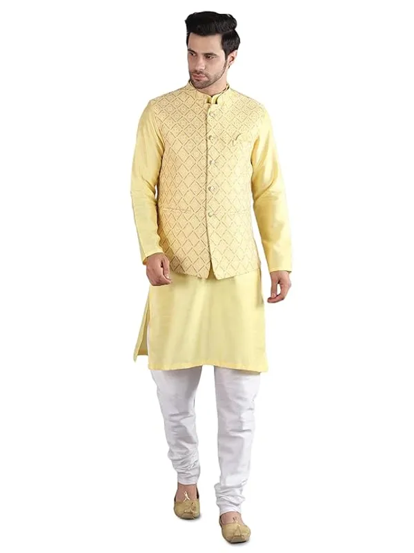 White_&_Yellow_Silk_Blend_Kurta_Pajama_With_Designer_Ethnic_Nehru_Jacket_For_Men