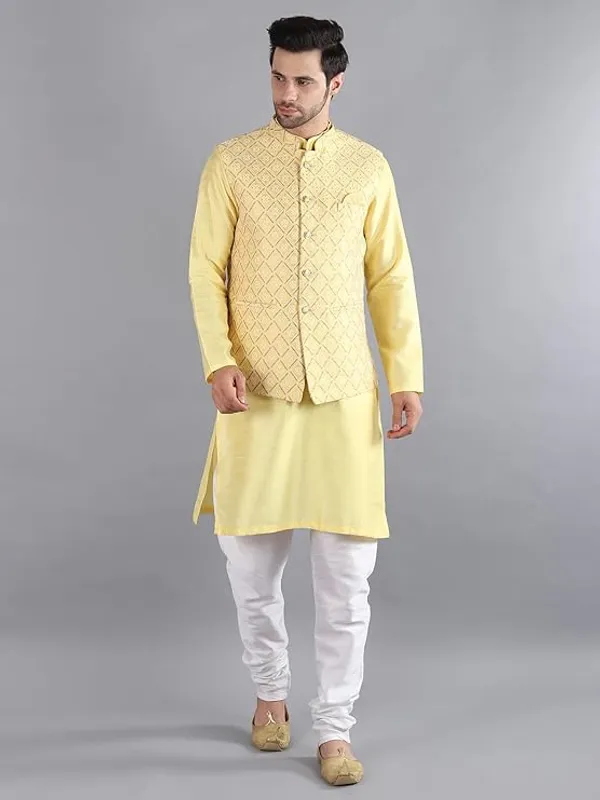 White_&_Yellow_Silk_Blend_Kurta_Pajama_With_Designer_Ethnic_Nehru_Jacket_For_Men