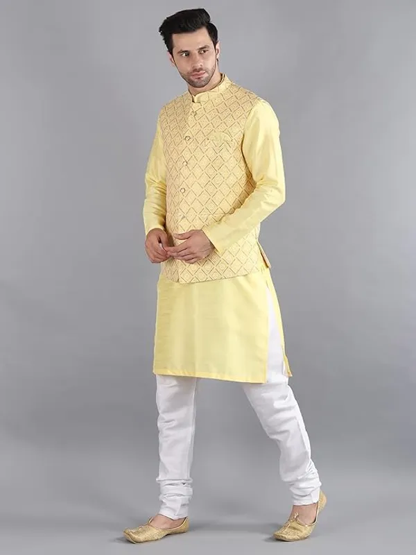 White_&_Yellow_Silk_Blend_Kurta_Pajama_With_Designer_Ethnic_Nehru_Jacket_For_Men
