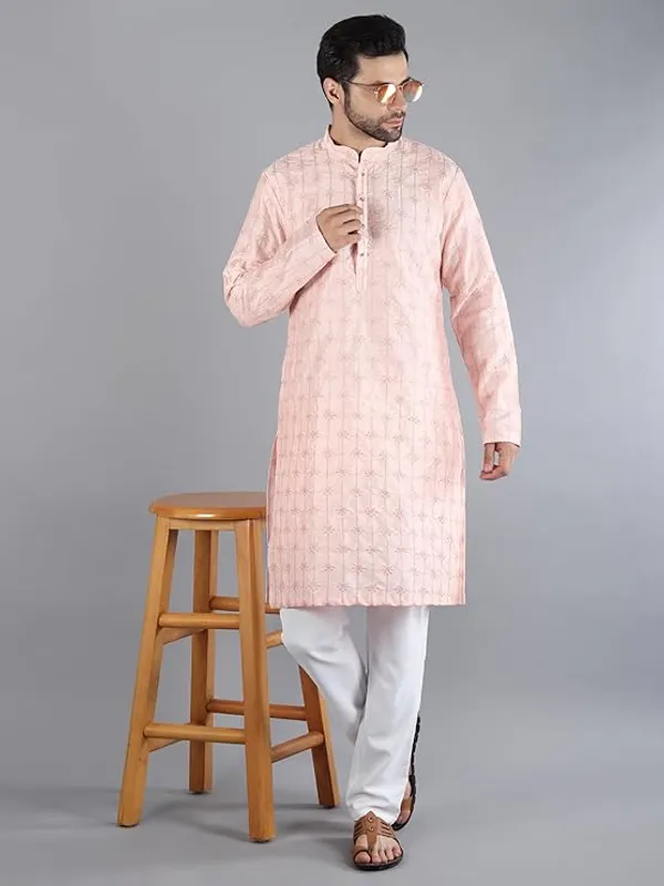 Light_Pink_&_White_Embroidery_Silk_Kurta_Pyjama_Set_For_Men