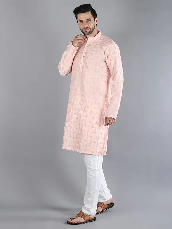 Light_Pink_&_White_Embroidery_Silk_Kurta_Pyjama_Set_For_Men