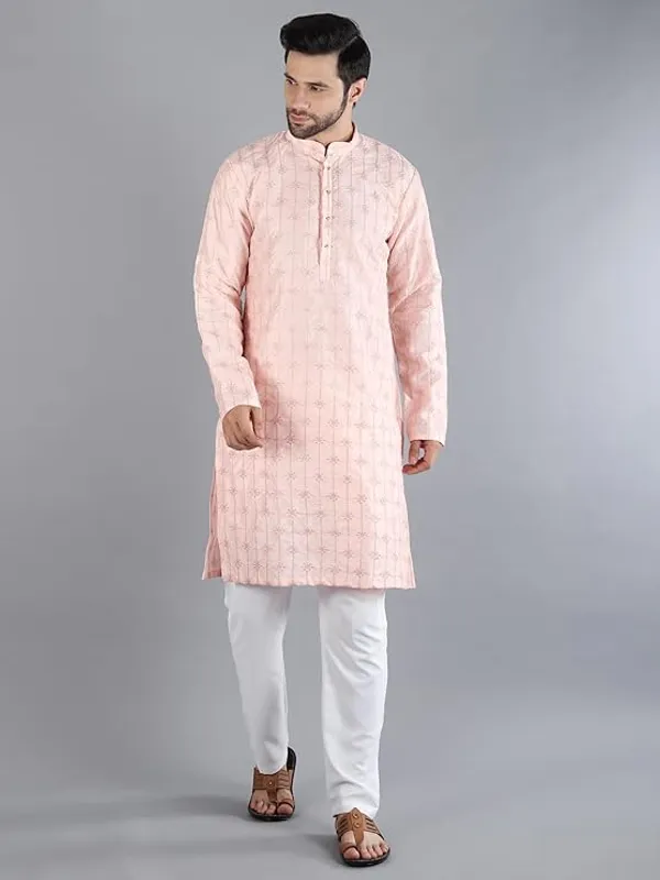 Light_Pink_&_White_Embroidery_Silk_Kurta_Pyjama_Set_For_Men