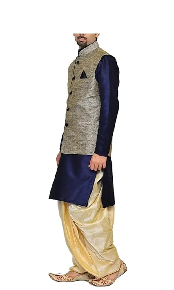 Navy_Blue_&_Golden_Kurta_Dhoti_With_Waistcoat_Jacket_For_Men