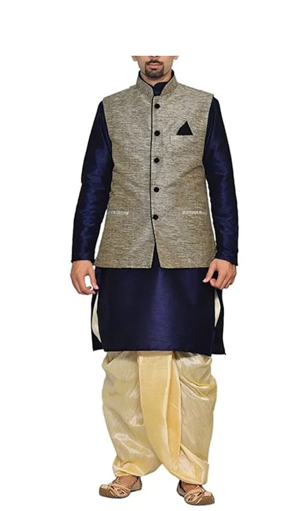 Navy_Blue_&_Golden_Kurta_Dhoti_With_Waistcoat_Jacket_For_Men
