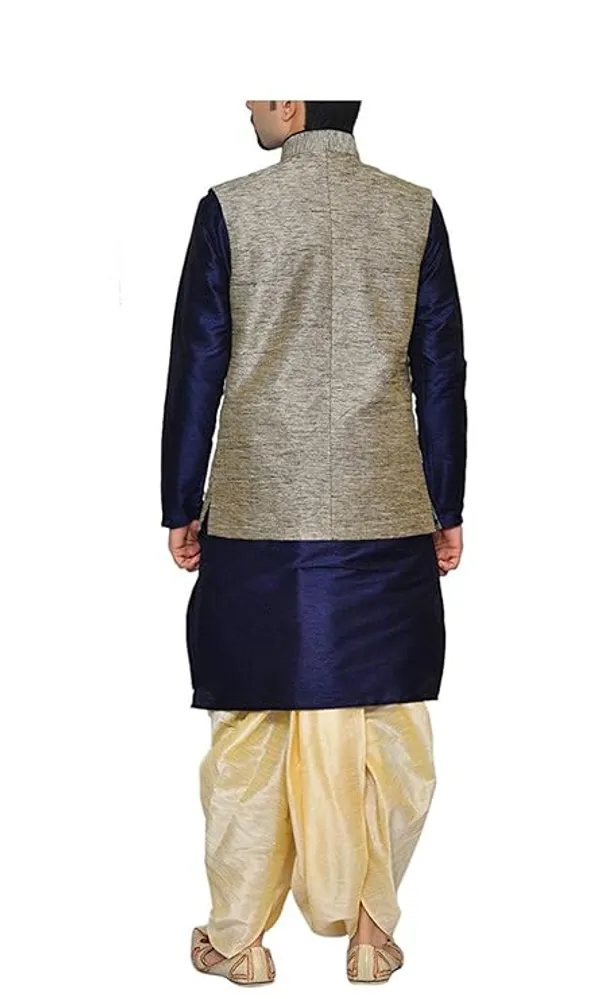 Navy_Blue_&_Golden_Kurta_Dhoti_With_Waistcoat_Jacket_For_Men