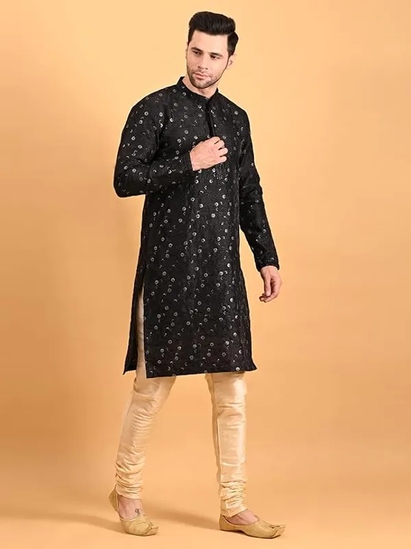 Black_&_Golden_Embroidery_Silk_Kurta_Pyjama_Set_For_Men