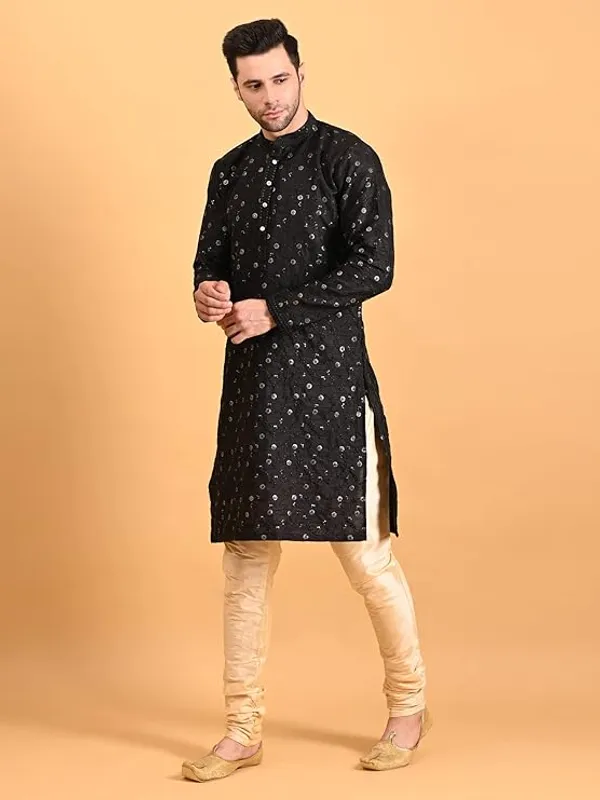 Black_&_Golden_Embroidery_Silk_Kurta_Pyjama_Set_For_Men
