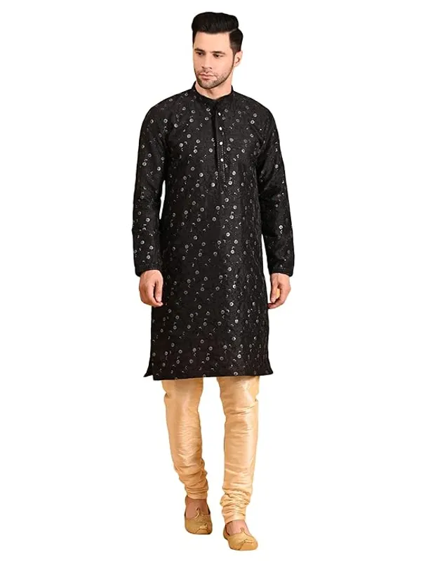 Black_&_Golden_Embroidery_Silk_Kurta_Pyjama_Set_For_Men
