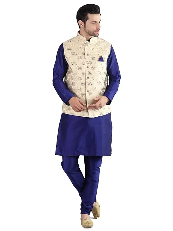 Royal_Blue_Silk_Blend_Kurta_Pajama_With_Designer_Ethnic_Nehru_Jacket_For_Men