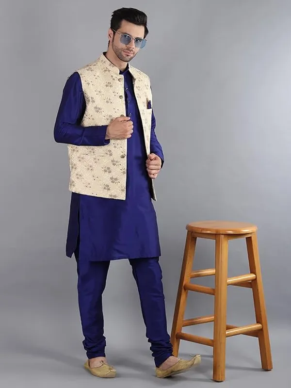 Royal_Blue_Silk_Blend_Kurta_Pajama_With_Designer_Ethnic_Nehru_Jacket_For_Men