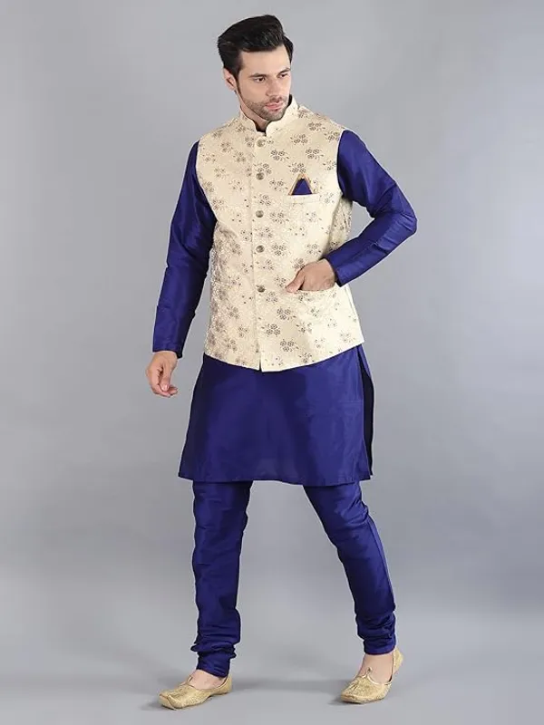 Royal_Blue_Silk_Blend_Kurta_Pajama_With_Designer_Ethnic_Nehru_Jacket_For_Men