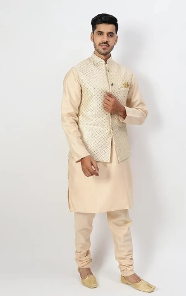 Men's_Silk_Blend_Kurta_Pajama_with_Designer_Ethnic_Nehru_Jacket/Modi_Jacket