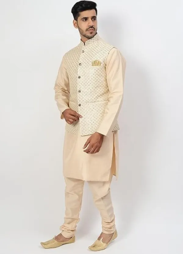 Men's_Silk_Blend_Kurta_Pajama_with_Designer_Ethnic_Nehru_Jacket/Modi_Jacket