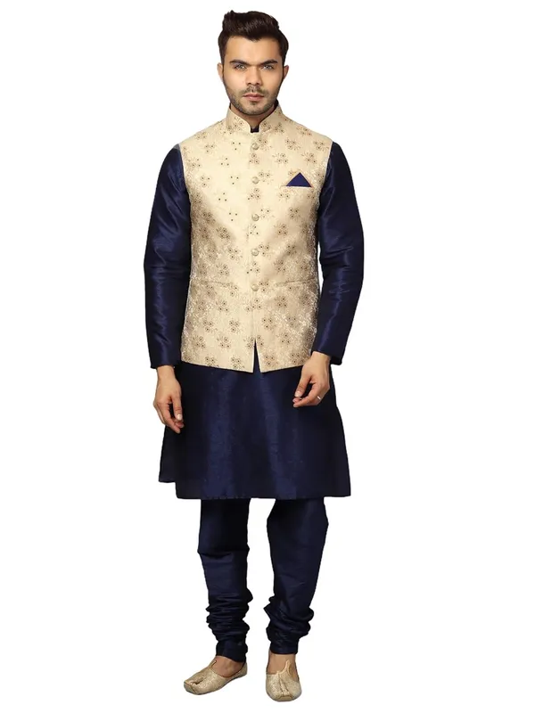 _Men's_Silk_Blend_Kurta_Churidar_Pyjama_with_Stylish_Nehru_Jacket/Waistcoat_(Navy_Blue,_l)