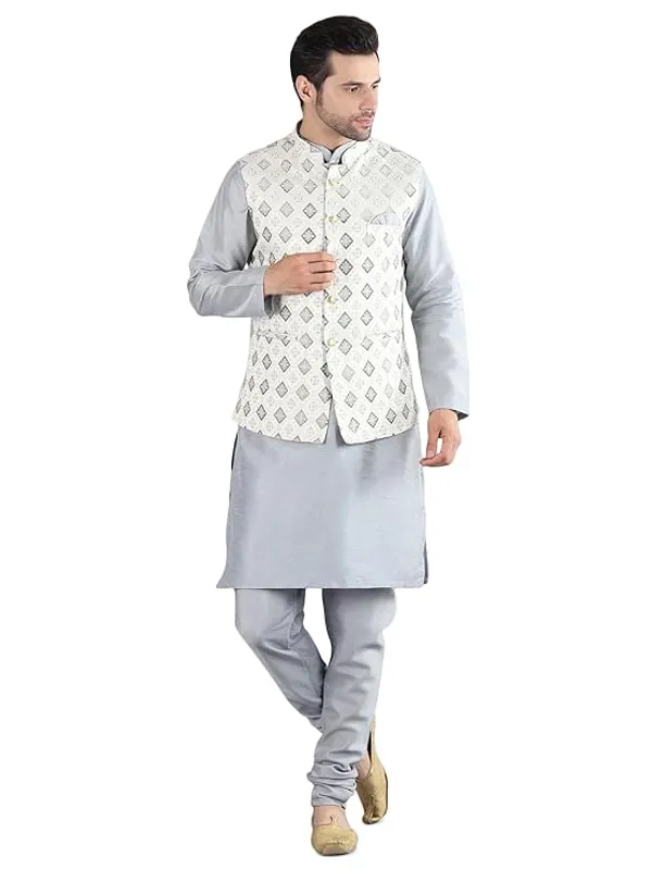 Grey_Silk_Blend_Kurta_Pajama_With_Designer_Ethnic_Nehru_Jacket_For_Men