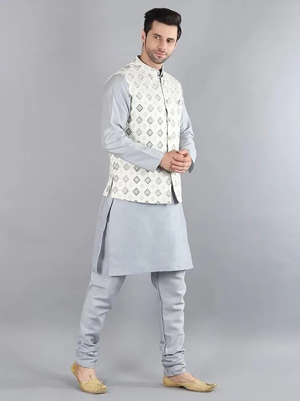 Grey_Silk_Blend_Kurta_Pajama_With_Designer_Ethnic_Nehru_Jacket_For_Men