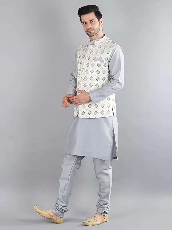 Grey_Silk_Blend_Kurta_Pajama_With_Designer_Ethnic_Nehru_Jacket_For_Men