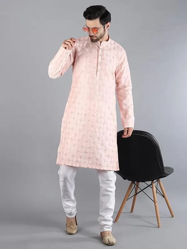 Light_Pink_&_White_Embroidery_Silk_Kurta_Pyjama_Set_For_Men