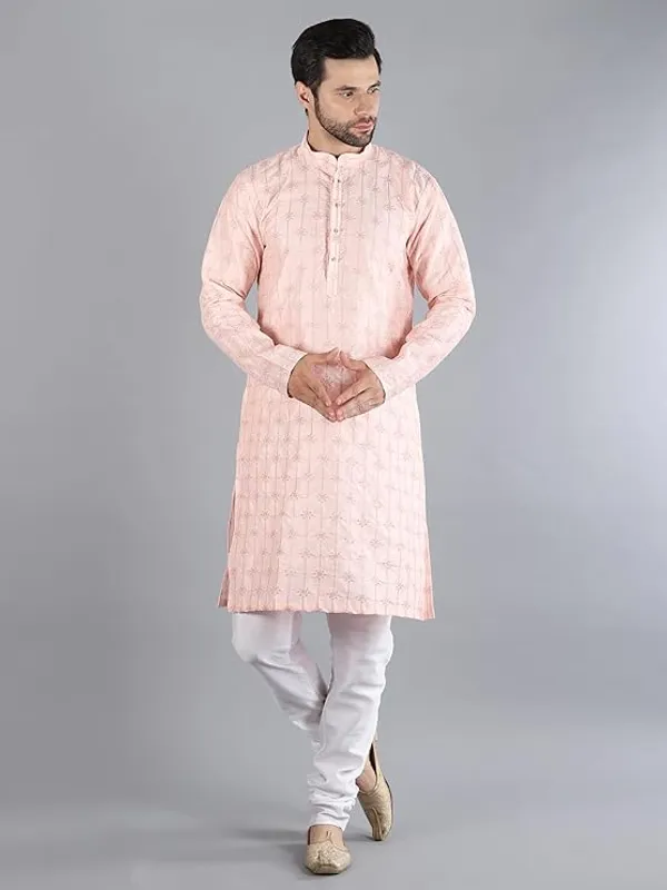 Light_Pink_&_White_Embroidery_Silk_Kurta_Pyjama_Set_For_Men