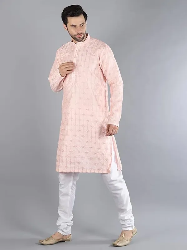 Light_Pink_&_White_Embroidery_Silk_Kurta_Pyjama_Set_For_Men