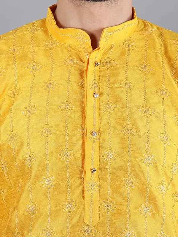 Yellow_&_White_Embroidery_Silk_Kurta_Pyjama_Set_For_Men