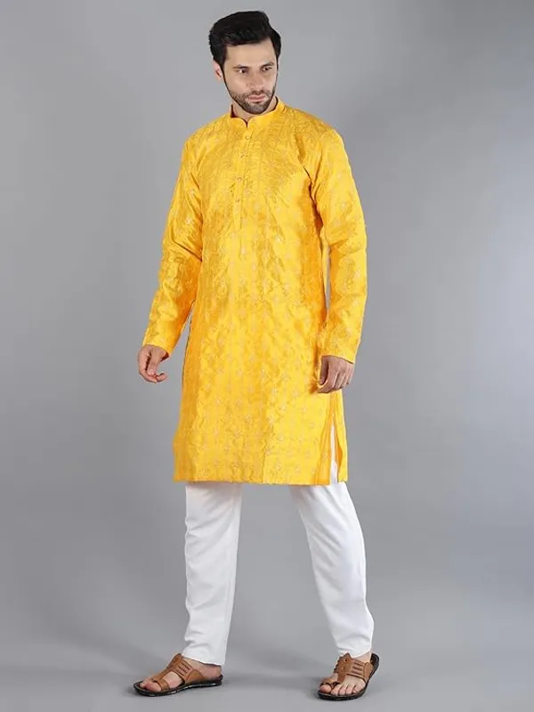 Yellow_&_White_Embroidery_Silk_Kurta_Pyjama_Set_For_Men