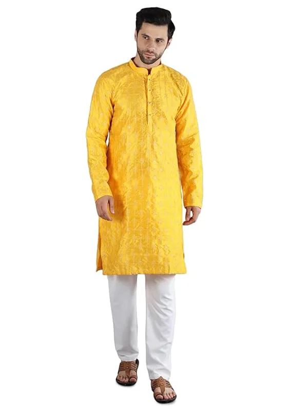Yellow_&_White_Embroidery_Silk_Kurta_Pyjama_Set_For_Men