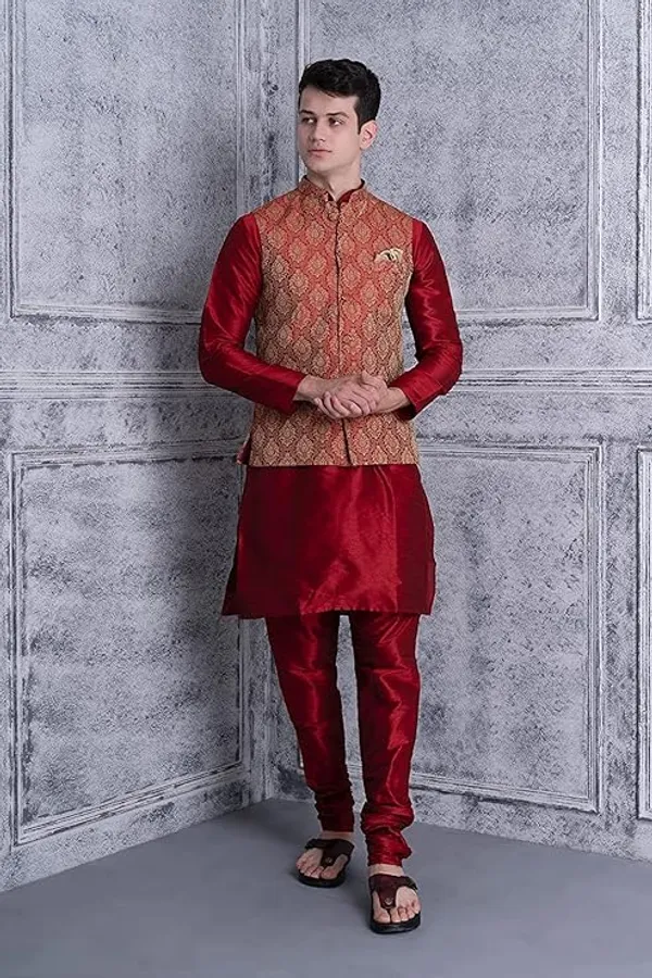 Maroon_&_Red_Silk_Blend_Kurta_Pajama_With_Designer_Ethnic_Nehru_Jacket_For_Men