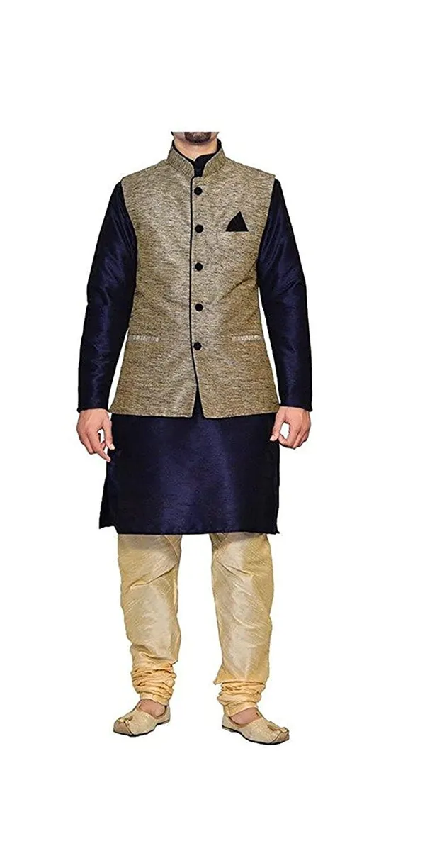 Men's_Silk_Blend_Kurta_Pajama_with_Designer_Ethnic_Nehru_Jacket/Modi_Jacket