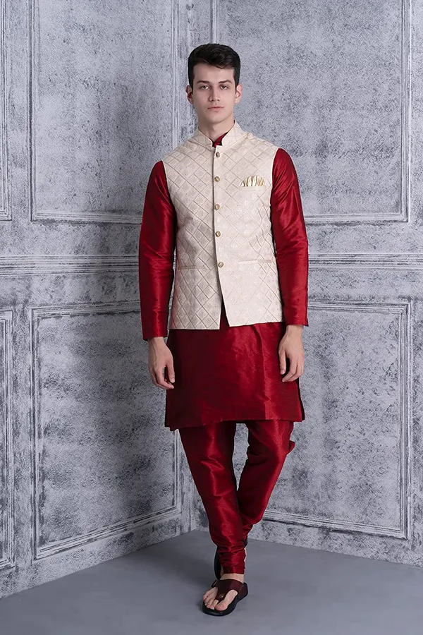 Men's_Silk_Blend_Kurta_Pajama_with_Designer_Ethnic_Nehru_Jacket/Modi_Jacket