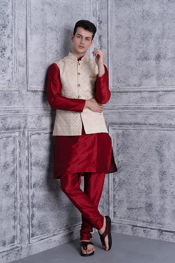 Men's_Silk_Blend_Kurta_Pajama_with_Designer_Ethnic_Nehru_Jacket/Modi_Jacket
