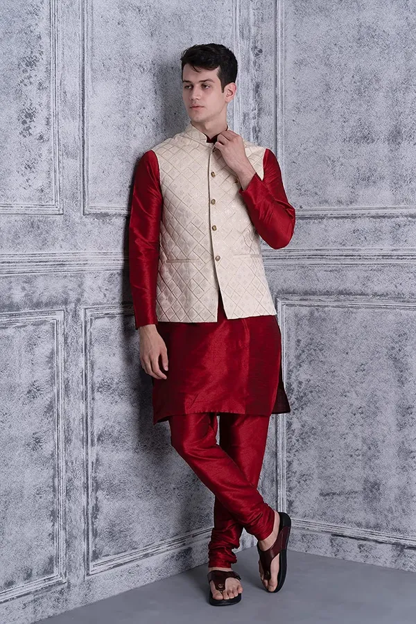 Men's_Silk_Blend_Kurta_Pajama_with_Designer_Ethnic_Nehru_Jacket/Modi_Jacket