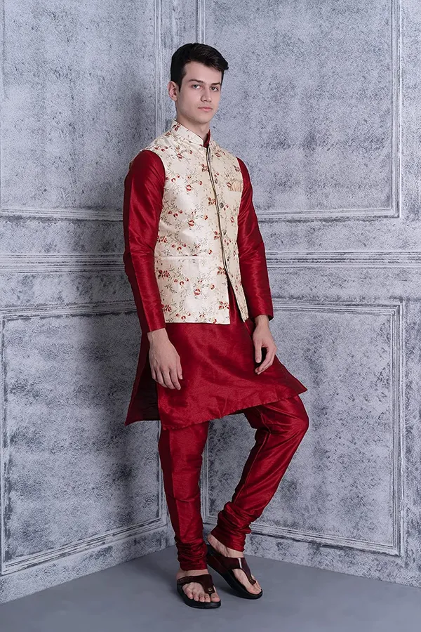 Men's_Silk_Blend_Kurta_Pajama_with_Designer_Ethnic_Nehru_Jacket/Modi_Jacket
