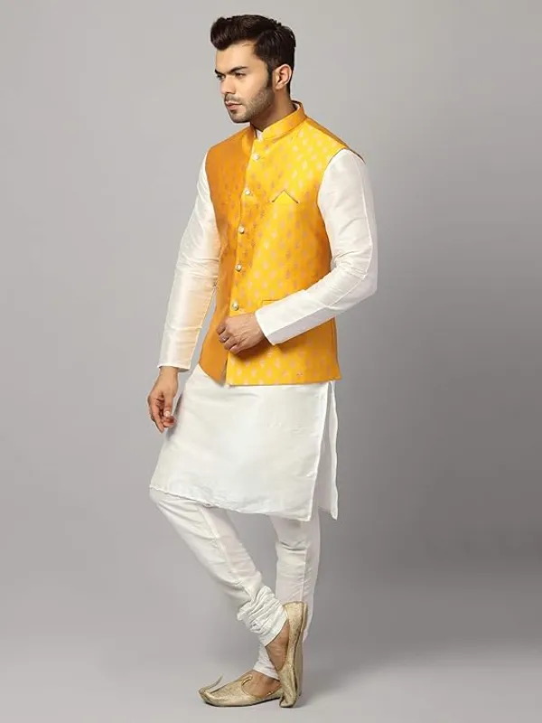 White_&_Yellow_Silk_Blend_Kurta_Pajama_With_Designer_Ethnic_Nehru_Jacket_For_Men