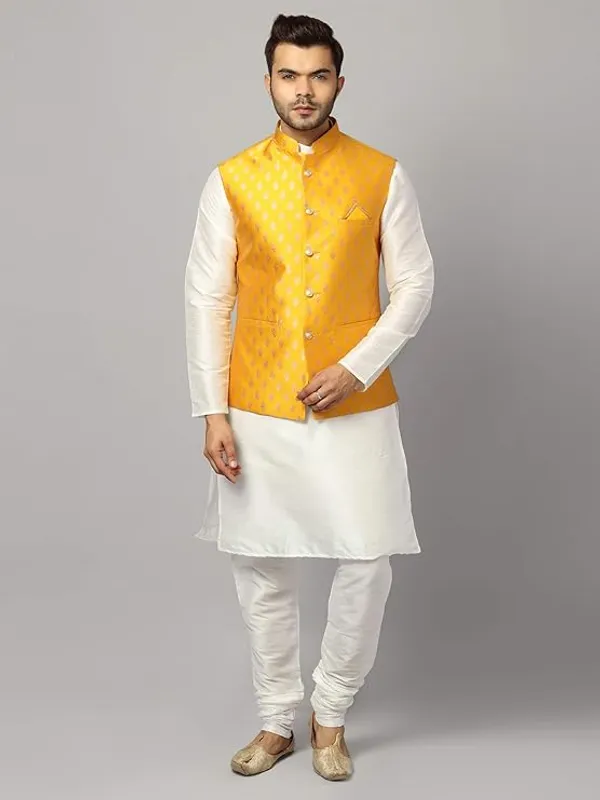 White_&_Yellow_Silk_Blend_Kurta_Pajama_With_Designer_Ethnic_Nehru_Jacket_For_Men
