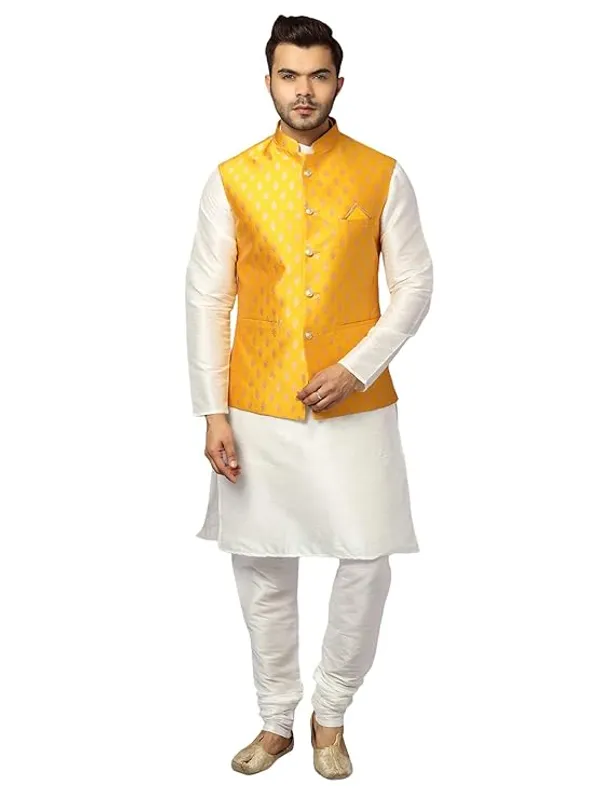 White_&_Yellow_Silk_Blend_Kurta_Pajama_With_Designer_Ethnic_Nehru_Jacket_For_Men