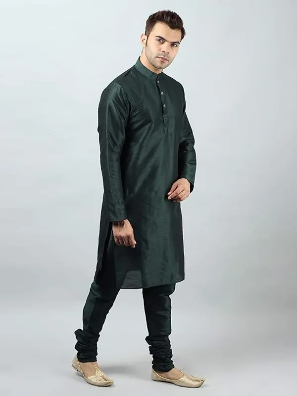 Bottle_Green_Banarasi_Dupion_Silk_Solid_Kurta_Churidar_Pyjama_Set_For_Men