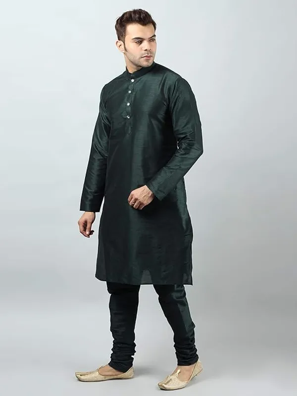 Bottle_Green_Banarasi_Dupion_Silk_Solid_Kurta_Churidar_Pyjama_Set_For_Men