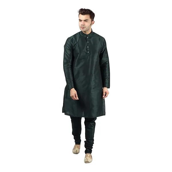 Bottle_Green_Banarasi_Dupion_Silk_Solid_Kurta_Churidar_Pyjama_Set_For_Men