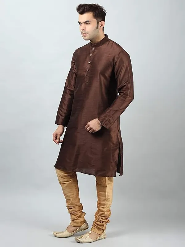 Brown_Golden_Banarasi_Dupion_Silk_Solid_Kurta_Churidar_Pyjama_Set_For_Men