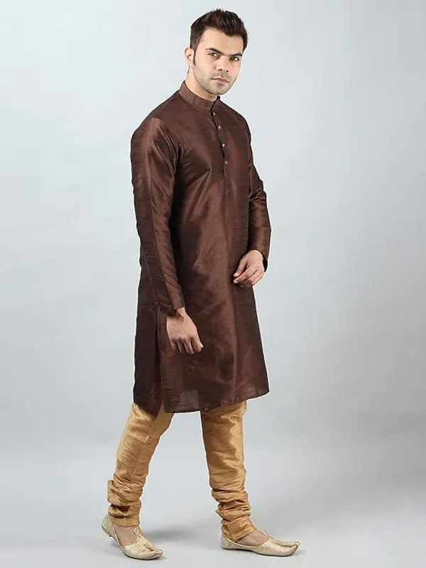 Brown_Golden_Banarasi_Dupion_Silk_Solid_Kurta_Churidar_Pyjama_Set_For_Men