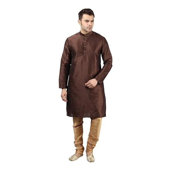 Brown_Golden_Banarasi_Dupion_Silk_Solid_Kurta_Churidar_Pyjama_Set_For_Men